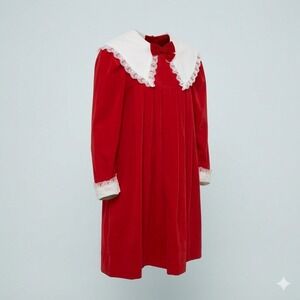 Vintage Mini World Red Pleated Dress with Lace Collar Bow Girls Size 8